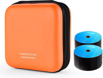 CD Case, 48 Capacity EVA Protective Blu-Ray DVD Case Portable Zipper CD Case Holder Disc Storage Organizer Wallet Bag for Car Home Travel (48 Capacity, Orange48)